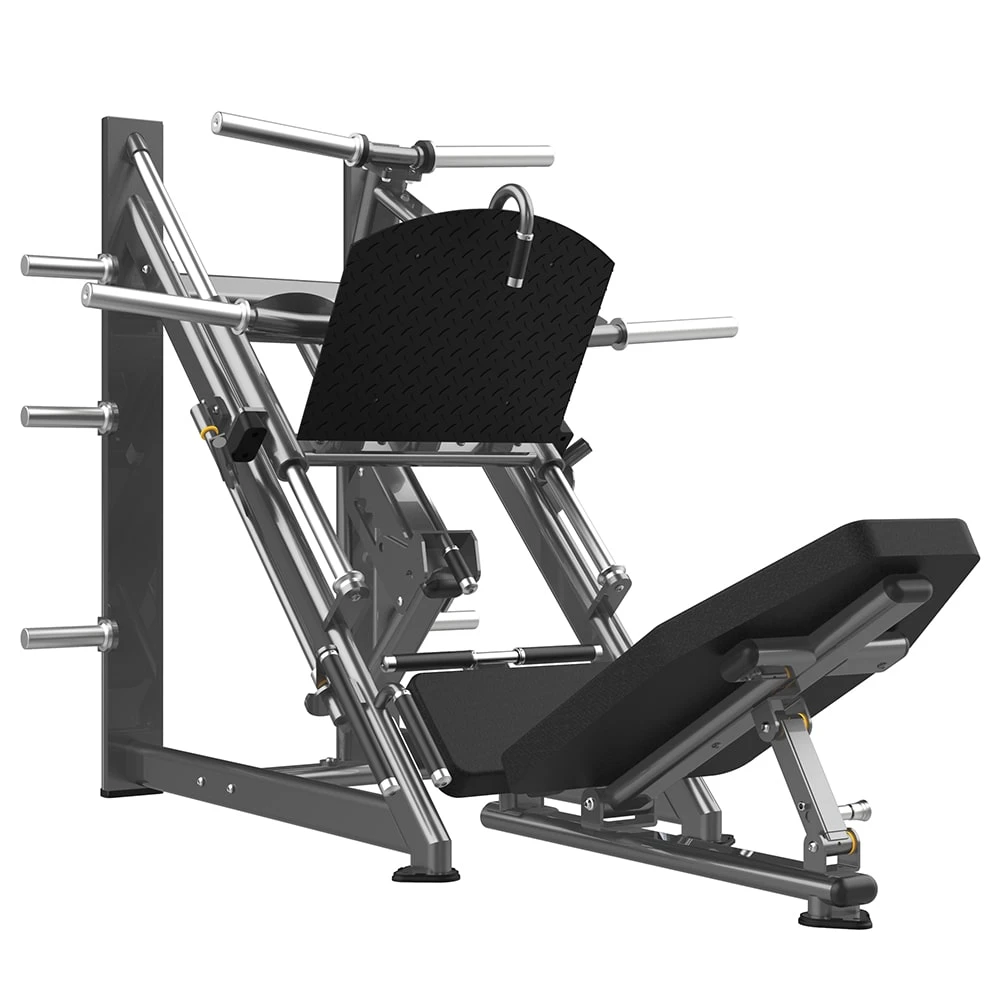 Жим ногами под углом 45 на свободных весах Realleader FM-1024D (матовая черная рама, черная обивка с белой строчкой)